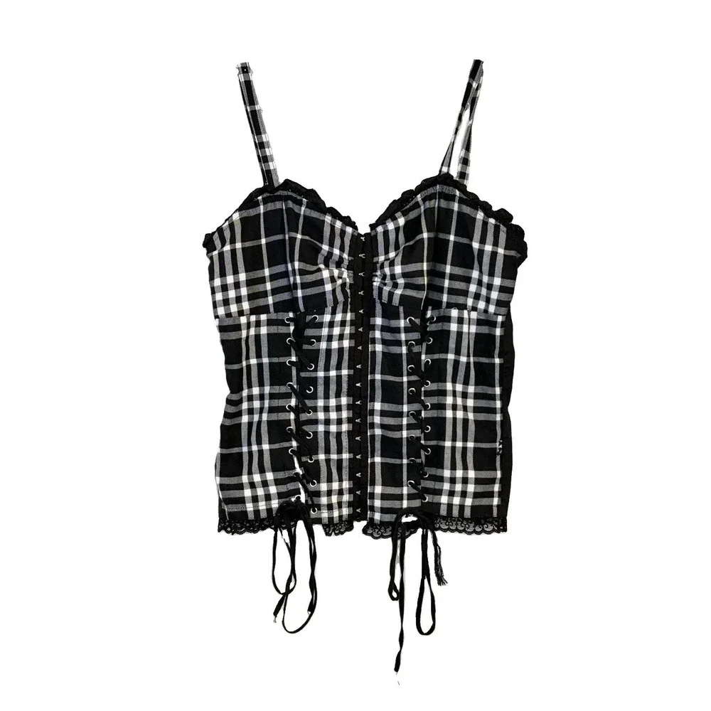Royal Bones White Black Plaid Corset Top Lace Up Punk Goth Bustier Tank Camisole